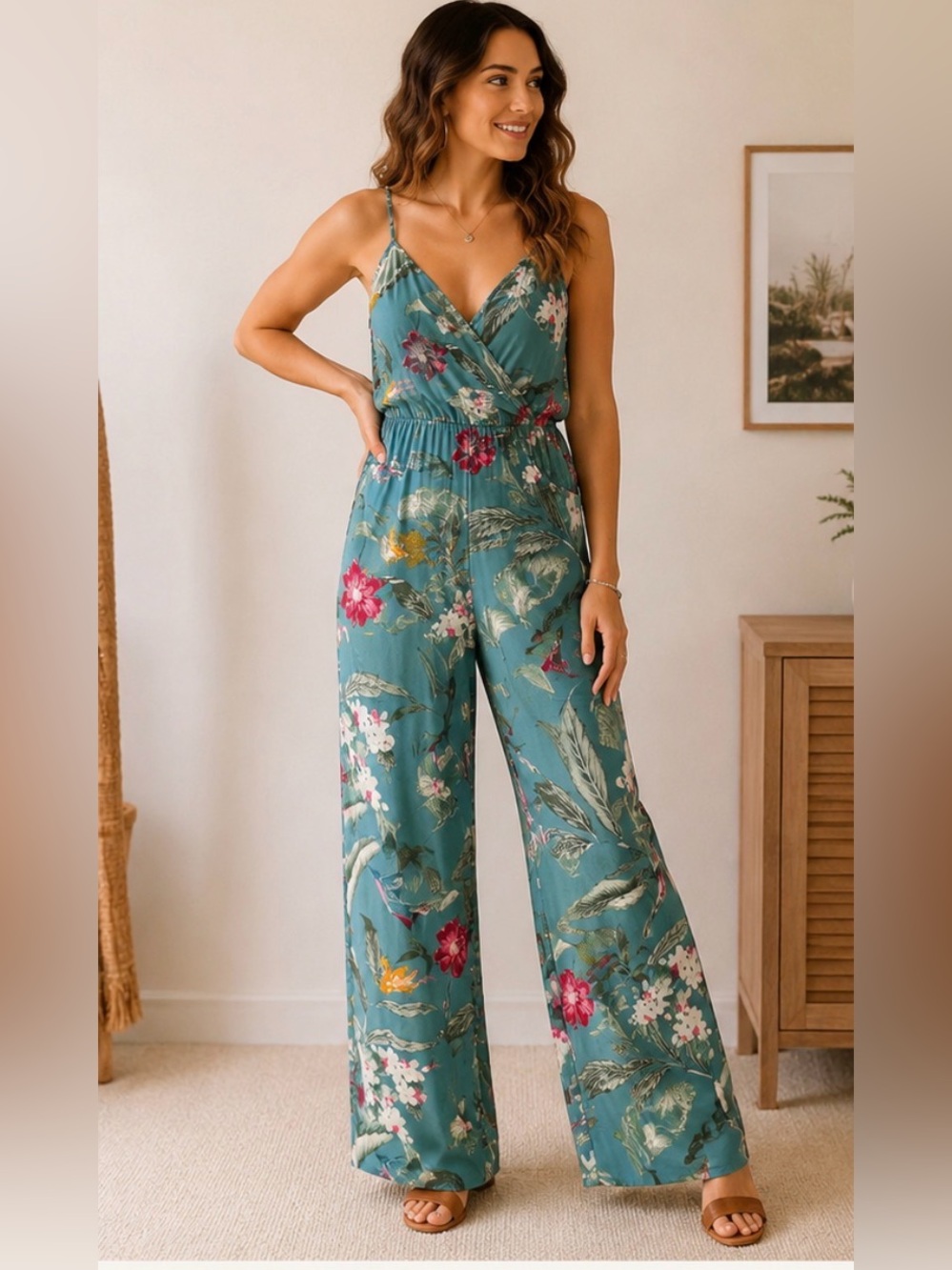 Vero Moda Teal Floral Wide-Leg Jumpsuit